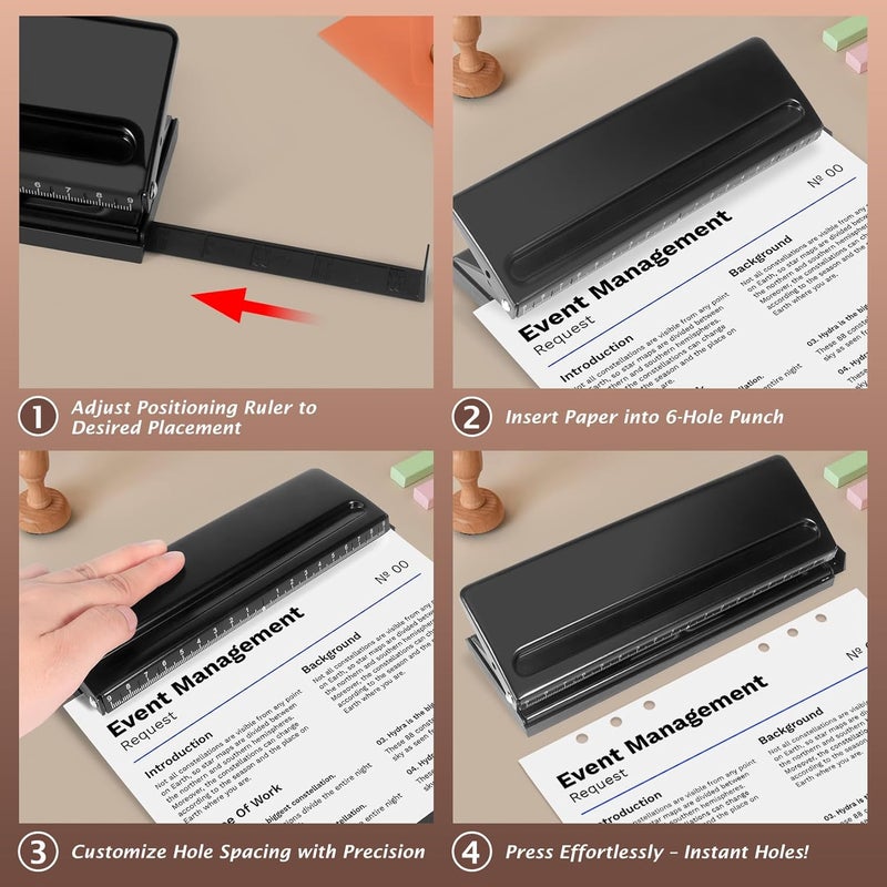 Zofly All Metal Adjustable 6-Hole Paper Puncher, A5 A6 A7 6 Ring Punch with Positioning Mark, 6 Sheet Capacities Puncher for Dairy Planner, Personal, Agenda, Binder Refill Pages (Black) - Image 5